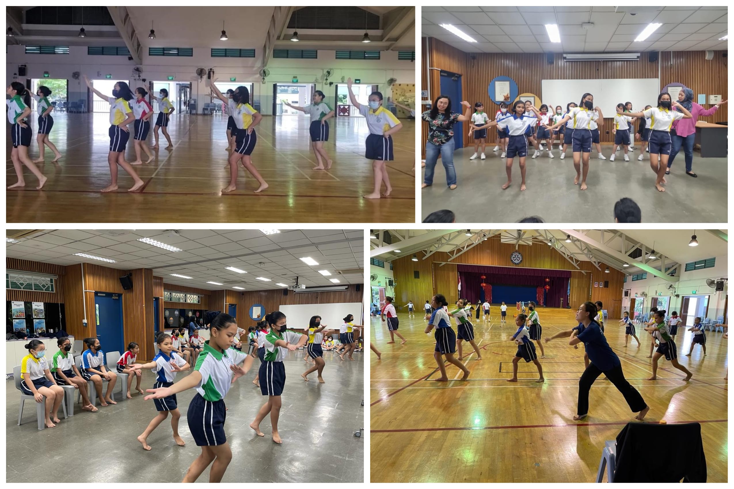 Four photos of school students in uniforms practicing dance moves barefoot in indoor halls with instructors.
